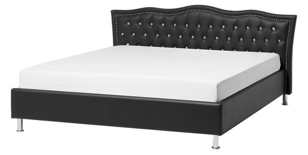 Posteľ čierna umelá koža 140 x 200 cm prešívané čelo s gombíkmi moderný glamour štýl spálňa