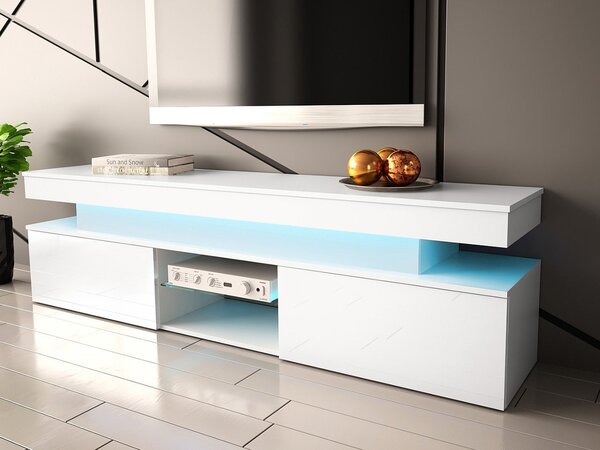 Mirjan24 TV stolík/skrinka s LED osvetlením Lestirola 2D 190, Farba: biela / biely lesk 5903211283888