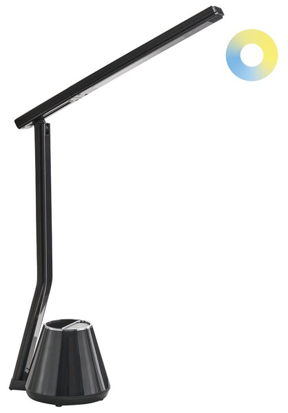 Stolná LED lampa čierna syntetický materiál 3 režimy teploty svetla so stmievačom a držiakom na perá nastaviteľné tienidlo moderná kancelária