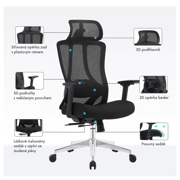 Kancelárska ergonomická stolička Neoseat TIYA — čierna, nosnosť 150 kg