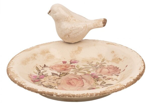 Béžové keramické krmítko pre vtáčiky s ružami Rosien M - Ø 21*10 cm - Clayre & Eef