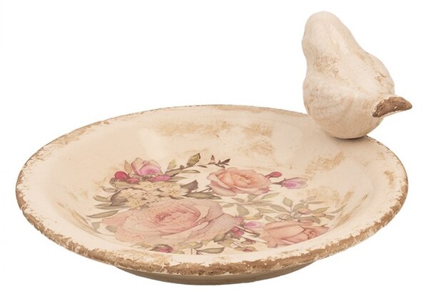 Béžové keramické krmítko pre vtáčiky s ružami Rosien M - Ø 21*10 cm - Clayre & Eef