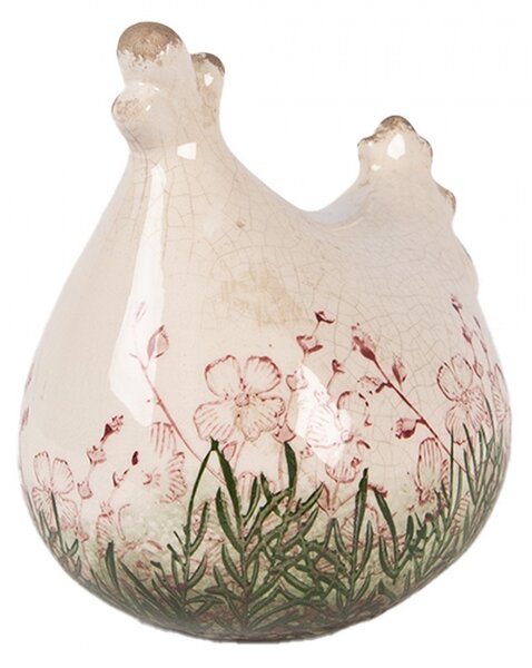 Béžová antik keramická sliepočka s kvetmi Rustic Flower - 12*11*13 cm - Clayre & Eef