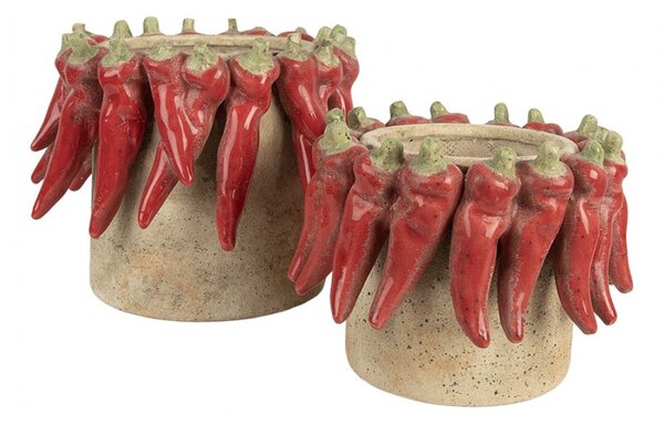 Béžový antik terakotový obal na kvetináč s papričkami M - Ø 17*13 cm - Clayre & Eef