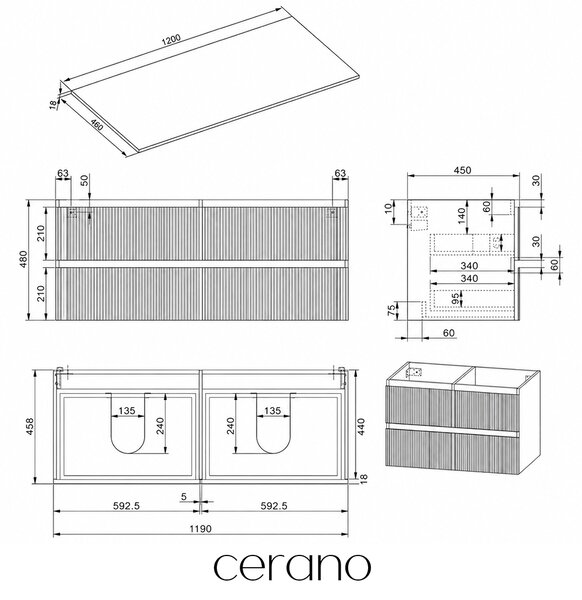 CERANO - Kúpeľňová skrinka Carole + doska pod umývadlo Navira Slim - 18 mm - biela matná ryhovaná - 120x49,8x46 cm