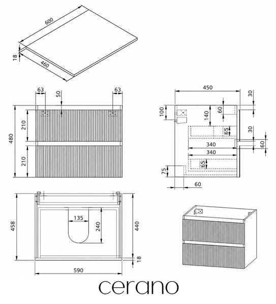 CERANO - Kúpeľňová skrinka Carole + doska pod umývadlo Navira Slim - 18 mm - biela matná ryhovaná - 60x49,8x46 cm