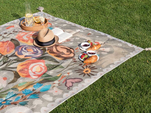 Pikniková deka viacfarebná polyester 200 x 200 cm ručná výroba so strapcami kvetovaný vzor moderný štýl záhrada exteriér