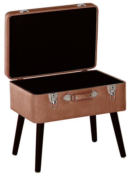 Taburet s úložným priestorom hnedý čalúnenie z umelej kože čierne nohy v tvare kufra retro moderný štýl