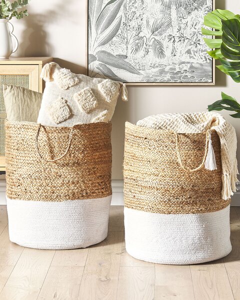 Súprava 2 úložných košov biela a prírodná bavlna juta 50 cm koše na bielizeň boho štýl