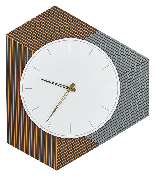 Nástenné hodiny biela sivá oranžová MDF kov 52 x 60 cm dizajn bez čísel nepravidelný tvar obývacia izba doplnky
