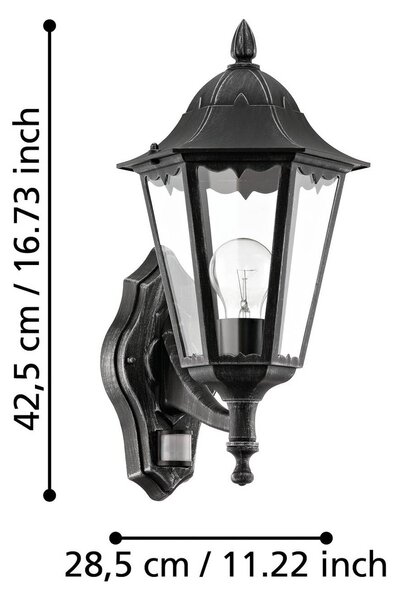 EGLO Vonkajšie nástenné svietidlo Navedo, čierna/strieborná, výška 42 cm, senzor, Čierna, Hliník, Starožitný, Nástenné svietidlo