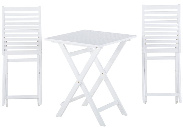 3-dielna bistro sada biele akáciové drevo skladací stôl a 2 stoličky žlté podsedáky lamelový dizajn rustikálny moderný štýl