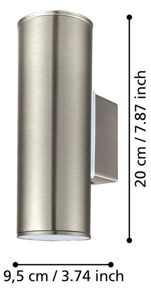 EGLO Nástenné svetlo Riga, nerezová oceľ, výška 20 cm, 2-pl., Hliník / sivá / zinok, Nehrdzavejúca oceľ, Moderný, Nástenné svietidlo