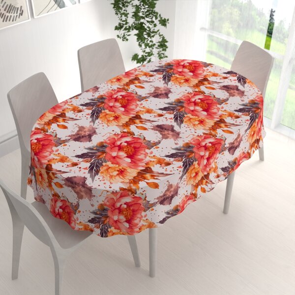 Biante Bavlnený oválny obrus Sandra SA-600 Veľké červeno-ružovo-oranžové kvety pivonky na bielom 50x100 cm
