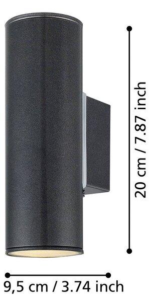 EGLO Nástenné svetlo Riga, antracitová, výška 20 cm, kovová, 2-pl., Hliník / sivá / zinok, kov, Moderný, Nástenné svietidlo
