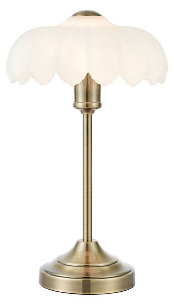 Stolová lampa Kurage, starý mosadz/biela, sklo, výška 43 cm, E27, Hnedá / staromosadz, Obývacia izba / jedáleň, Sklo, Stojacie svietidlo