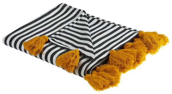 Deka čierna oranžová biela polyester akryl 130 x 170 cm obdĺžnikový tvar pásikavý vzor prikrývka so strapcami boho štýl doplnky