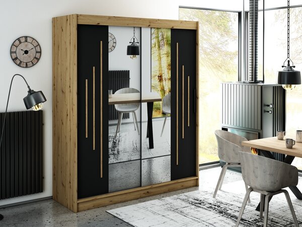 Zrkadlová skriňa s posuvnými dverami LURDES 8 - šírka 180 cm, dub artisan / čierna