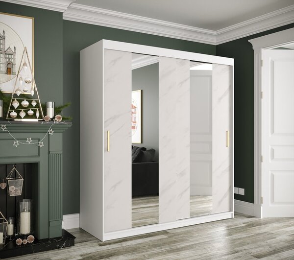 Šatníková skriňa s posuvnými dverami a zrkadlami MAREILLE 4 - šírka 180 cm, biela / biely mramor
