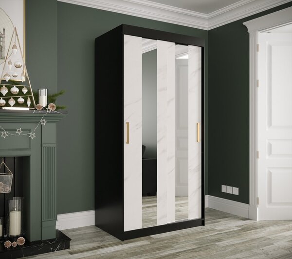 Šatníková skriňa s posuvnými dverami a zrkadlami MAREILLE 4 - šírka 100 cm, čierna / biely mramor