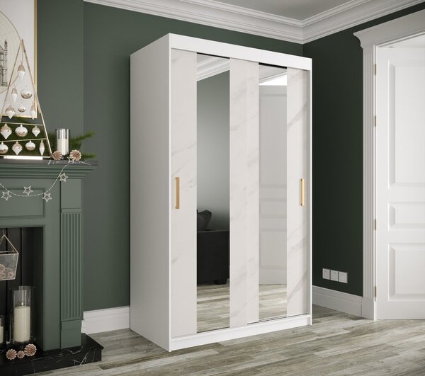 Šatníková skriňa s posuvnými dverami a zrkadlami MAREILLE 4 - šírka 120 cm, biela / biely mramor