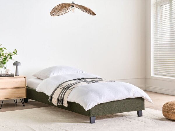 Posteľ čalúnená tmavozelená buklé 90 x 200 cm rám postele s roštom bez čela spálňa moderný minimalistický štýl