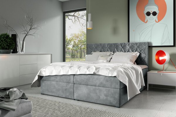 Boxspringová posteľ s prešívaným čelom EUGENA - 160x200, šedá + topper ZDARMA