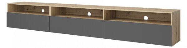 Univerzálny TV stolík Baros 40 s otvorenými policami 270 cm - dub artisan / šedý mat