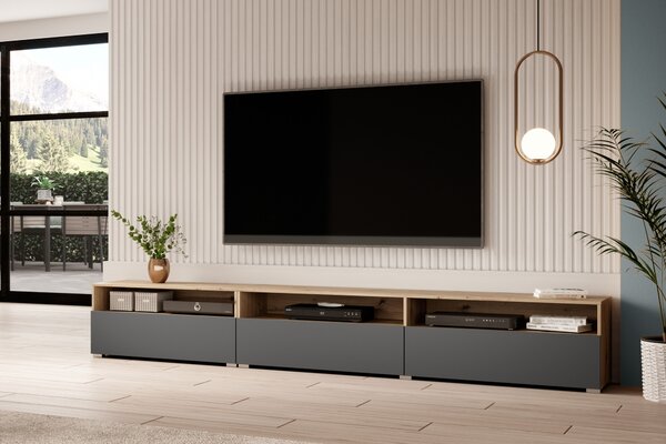 Univerzálny TV stolík Baros 40 s otvorenými policami 270 cm - dub artisan / šedý mat