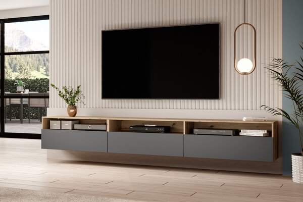 Univerzálny TV stolík Baros 40 s otvorenými policami 270 cm - dub artisan / šedý mat