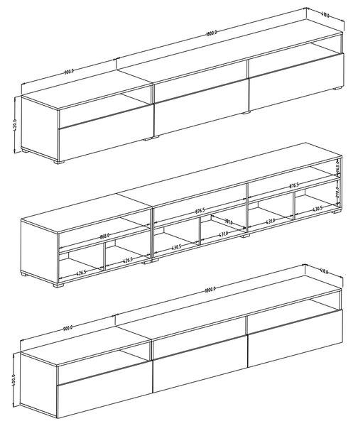 Univerzálny TV stolík Baros 40 s otvorenými policami 270 cm - dub artisan / šedý mat