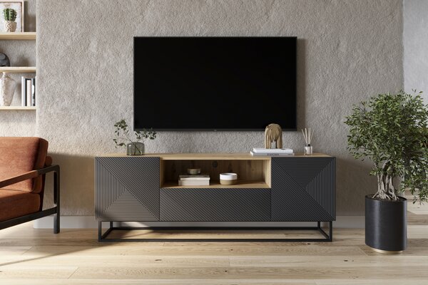 TV stolík Asha 167 cm so zásuvkou a kovovou podnožou - artisan / rivier stone mat