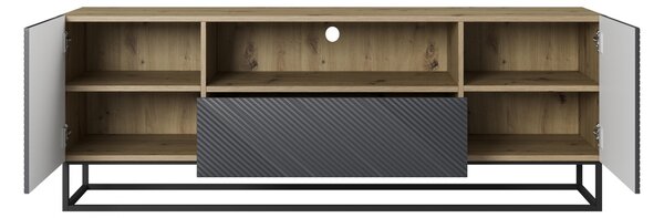 TV stolík Asha 167 cm so zásuvkou a kovovou podnožou - artisan / rivier stone mat