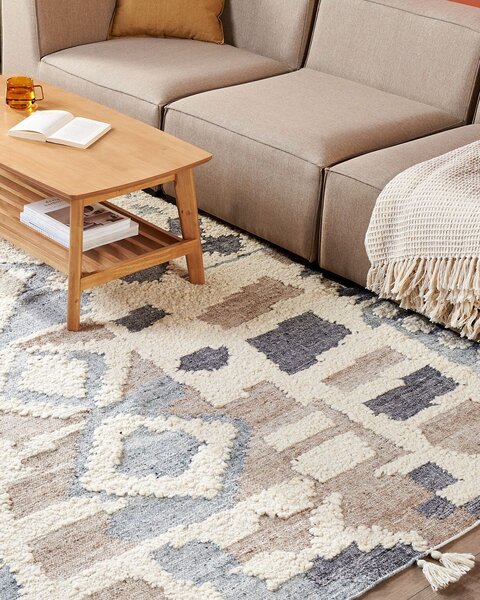 Kelímový koberec viacfarebný vlna a bavlna 200 x 300 cm ručne tkaný geometrický vzor so strapcami boho štýl