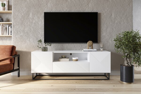 TV stolík Asha 167 cm so zásuvkou a kovovou konštrukciou - biely mat