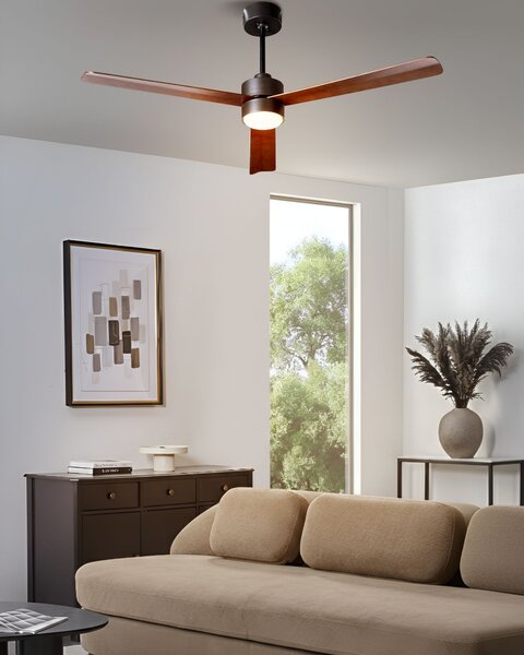 Stropný ventilátor s LED svetlom hnedý syntetický materiál diaľkové ovládanie moderný škandinávsky dizajn obývacia izba