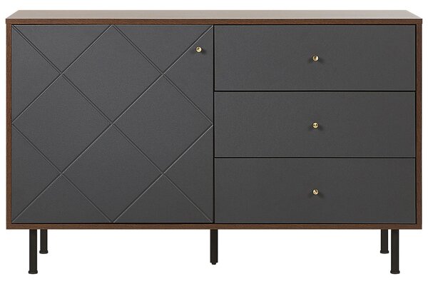 Komoda tmavé drevo čierna MDF kov 118 x 40 cm 3 zásuvky 1 skrinka úložný priestor škandinávsky štýl obývačka spálňa