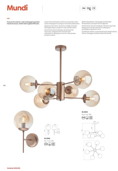 Redo 01-2943 - Luster na tyči MUNDI 6xE14/28W/230V meď/dymová