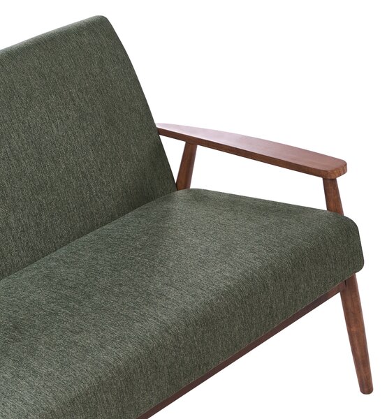 2-miestna pohovka zelená tmavohnedá látkové čalúnenie polyester retro dizajn tmavé drevené nohy a opierky rúk obývacia izba