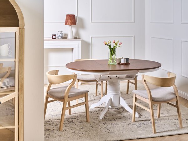 Rozkladací jedálenský stôl hnedý jaseň dyha kaučukové drevo MDF 106/150 cm okrúhly vintage vidiecky štýl