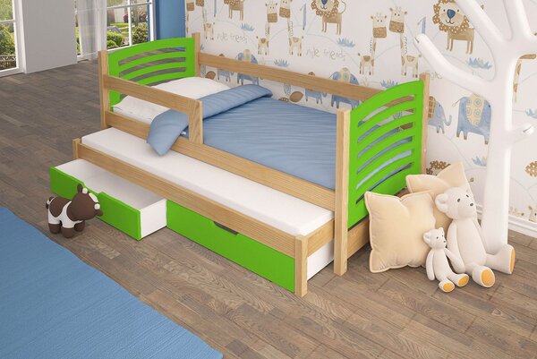 Detská posteľ s prístelkou KALA 2 - 75x180, borovica / zelená