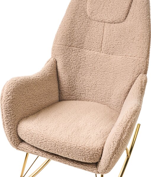 Hojdacie kreslo béžové buklé čalúnenie teddy kovové zlaté nohy opierky na ruky obývacia izba moderný glamour štýl