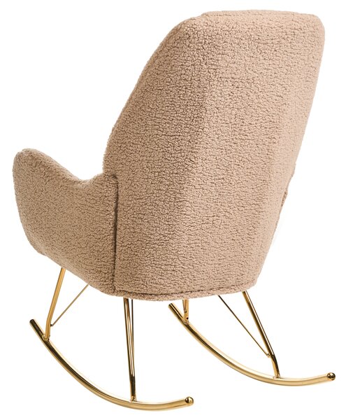 Hojdacie kreslo béžové buklé čalúnenie teddy kovové zlaté nohy opierky na ruky obývacia izba moderný glamour štýl