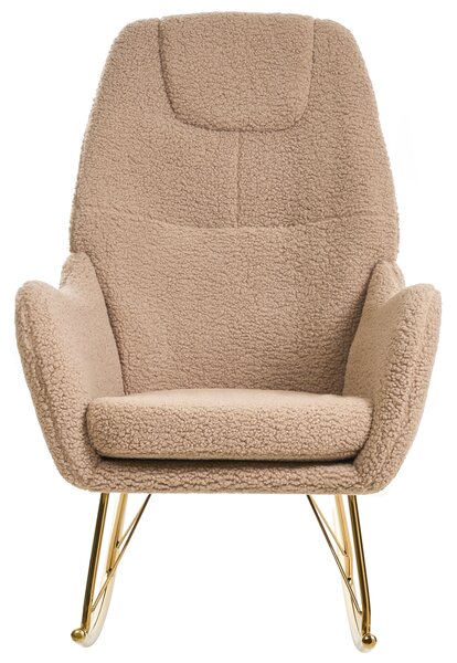 Hojdacie kreslo béžové buklé čalúnenie teddy kovové zlaté nohy opierky na ruky obývacia izba moderný glamour štýl