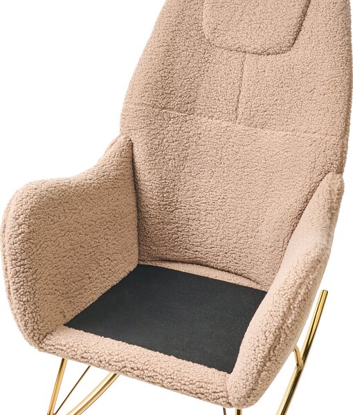 Hojdacie kreslo béžové buklé čalúnenie teddy kovové zlaté nohy opierky na ruky obývacia izba moderný glamour štýl