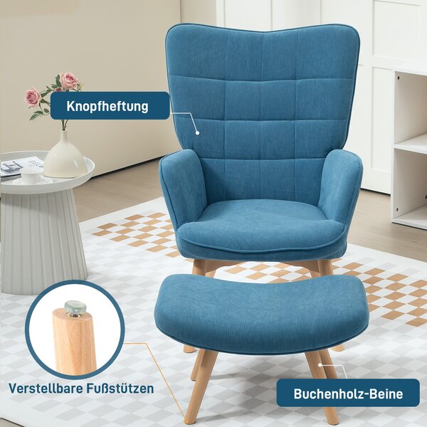 HOMCOM Kreslo s taburetom SKANDI modré