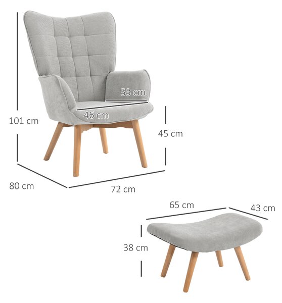 HOMCOM Kreslo s taburetom SKANDI sivé