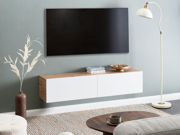 Závesná skrinka pod TV biela a hnedá 140 cm tv stolík na stenu minimalistický dizajn obývacia izba