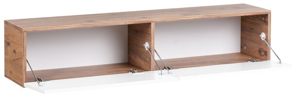 Závesná skrinka pod TV biela a hnedá 140 cm tv stolík na stenu minimalistický dizajn obývacia izba