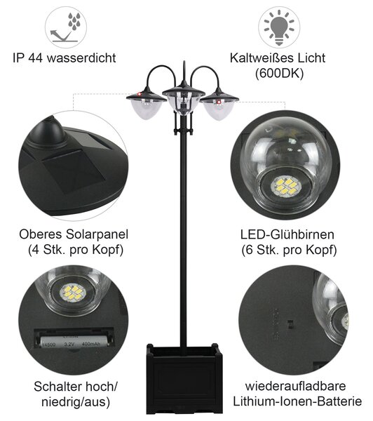 OUTSUNNY Solárna záhradná lampa s 3 hlavami a podstavcom na kvetináč, vodotesná, nerezová oceľ, 60x55x189cm| Aosom